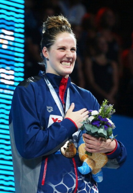 Missy Franklin celebrates after clincking fer fourth gold medal of the FINA World Championships in the 200m backstroke