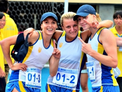 The Ukraine womens relay team celebrate after winning gold in Kaohsiung