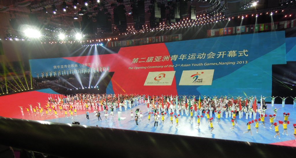 The athletes parade during the opening ceremony at the Asian Youth Games