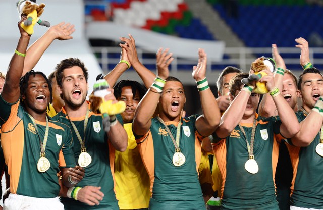 The victorious South African sevens squad celebrate their victoery at tthe World Games in Cali