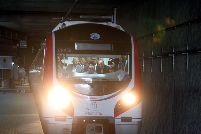 Turkey Prime Minister Recep Tayyip Erdoğan drives train through tunnel