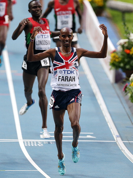 Britain's Mo Farah crosses the line to complete the "double double" of Olympic and World Championships 5,000 and 10,000 metres