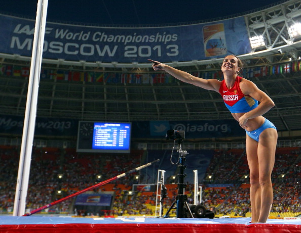 Yelena Isinbayeva celebrates world title Moscow August 13 2013