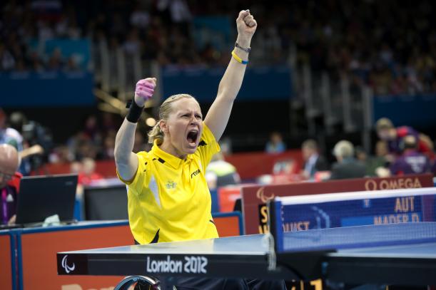 Ana-Carin Ahlquist of Sweden pictured here celebrating her Paralympic class 3 gold medal at London 2012 is another big favourite for more success this week