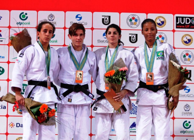 Belgian veteran Ilse Heylen (second from left) secured her first ever World Judo Tour title with victory at the Almaty Sports Palace
