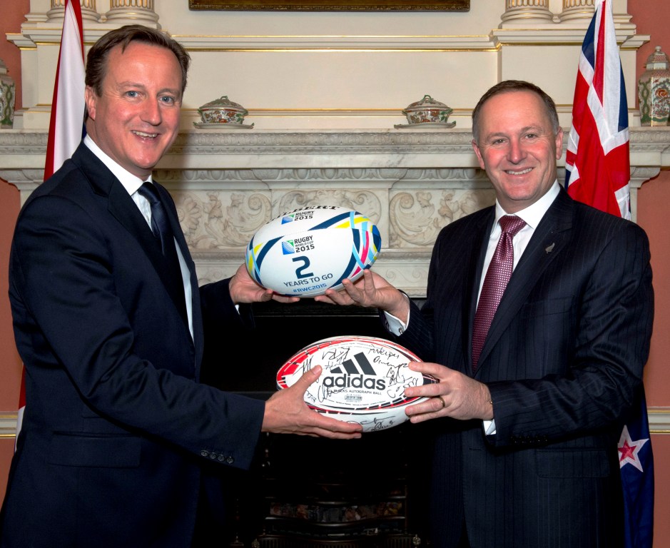 David Cameron and John Key exchange rugby balls to mark the two year countdown to England 2015