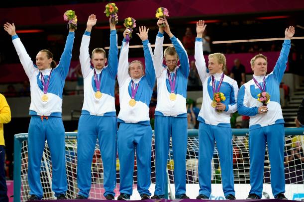 Finland's men celebrate winning the gold medal in goalball at London 2012, the second time they had won the title having also triumphed at Atlanta 1996