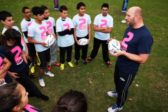 Former England captain Lawrence Dallaglio talks tactics at the launch of 'Posts in the Park' marking two years to go until the Rugby World Cup 2015