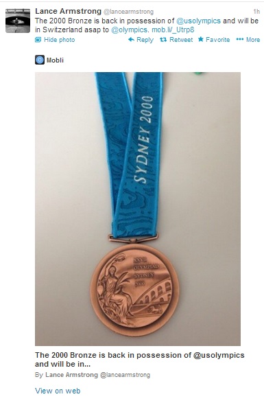 Lance Armstrong also posted a photograph of the Olympic medal on his social networking accounts