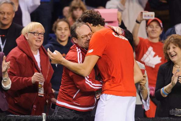Michael Downey, here congratulating Canadian number one Milos Raonic during Canada's Davis Cup victory over Spain in February, will move to the LTA from a similar role in his native Canada
