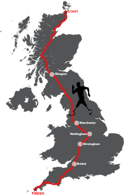 Richard Whitehead's route from the north of Scotland to the southern tip of England