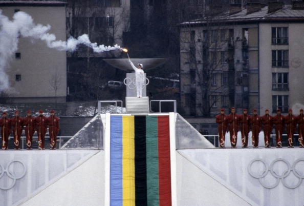 Sanda Dubravčić lit the Cauldron after skiers carried the flame into the Koševo Stadium at Sarajevo 1984