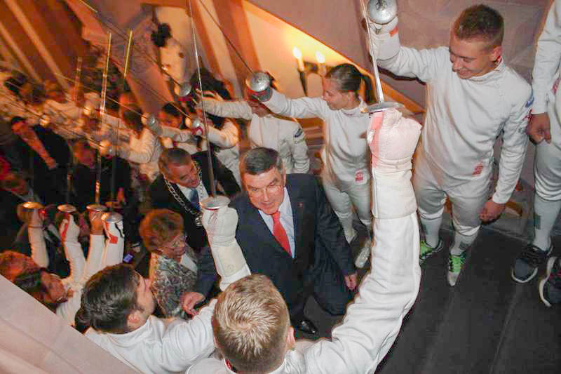 Sixty fencers dressed for action formed a guard of honour for Thomas Bach at the Tauberbischofsheim Town Hall
