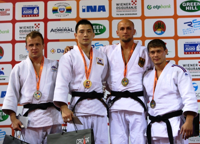 South Korean Bang Gui Man (second from left) proved too good for European champion Rok Draksic of Slovenia (far left)