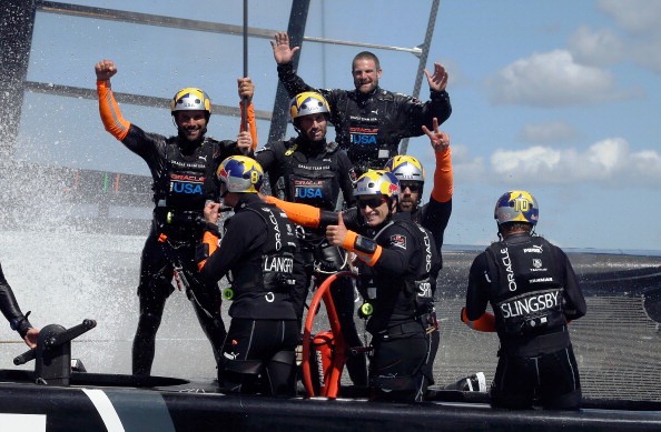 Team Oracle USA celebrate their remarkable win in San Francisco Bay
