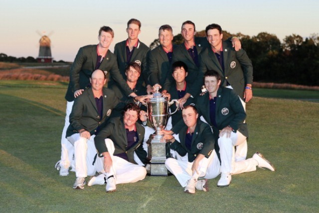 The victorious US Walker Cup team after their 17-9 win over Great Britain and Ireland
