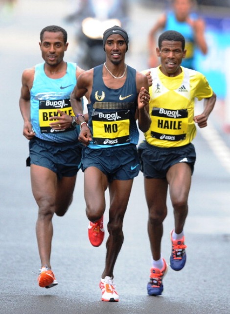Three of the greatest distance runners of all-time Kenenisa Bekele (left) Mo Farah (centre) and Haile Gebrselassie