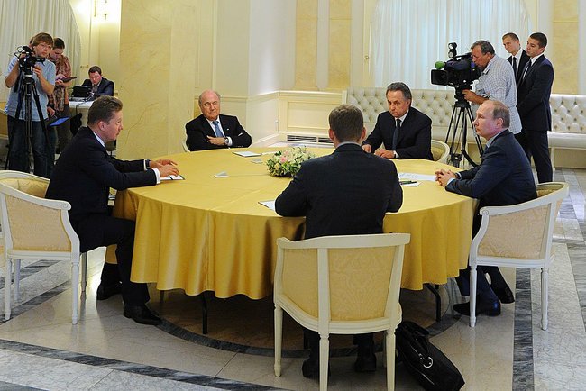 Russian President Vladimir Putin and FIFA chief Sepp Blatter held talks in Sochi after the deal with Gazprom was signed