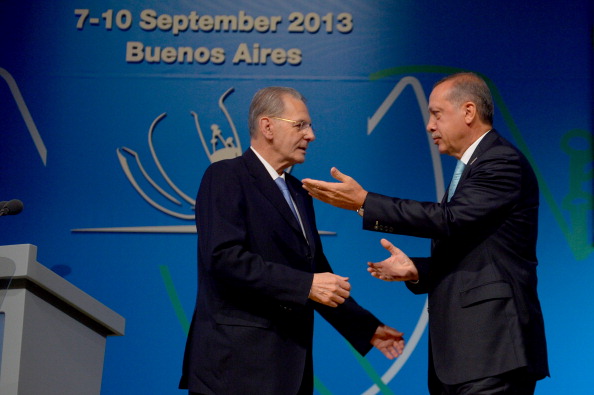 Turkish Prime Minister Recep Tayyip Erdoğan greets IOC President Jacques Rogge after helping present the bid from Istanbul 2020