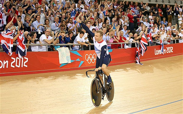 Sir Chris Hoy celebrates winning a record sixth Olympic gold medal in the Velodrome at London 2012