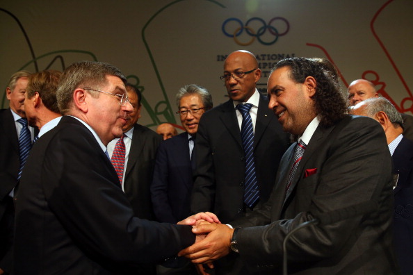 Thomas Bach is congratulated by Kuwait's Sheikh Ahmad Al-Fahad Al-Sabah, head of the Association of Olympic National Committees and one of his main supporters