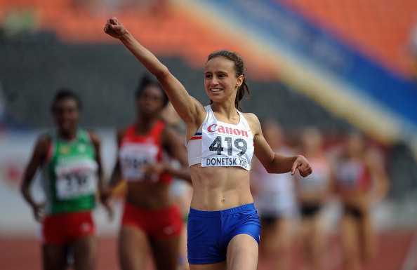 Iceland's Anita Hinriksdottir celebrates winning the gold medal in the 800 metres at the World Youth Championships in Donetsk