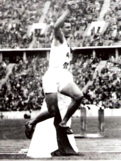 Basil Dickinson in action at Berlin 1936 where he took part in the triple jump competition