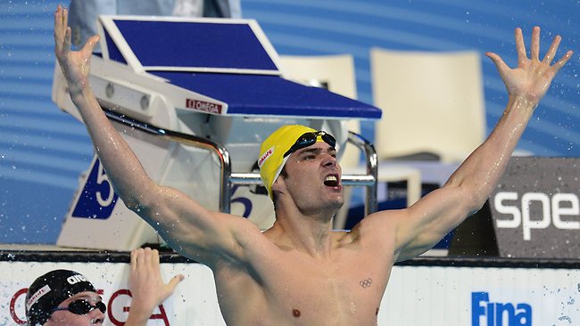 Australia's Christian Sprenger celebrates winning the 100m breaststroke at this year's World Championships in Barcelona