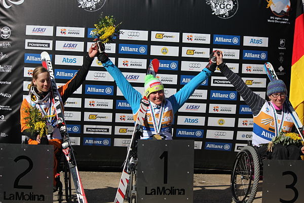 Claudia Loesch takes gold in the womens super-G at the 2013 IPC Alpine Skiing World Championships