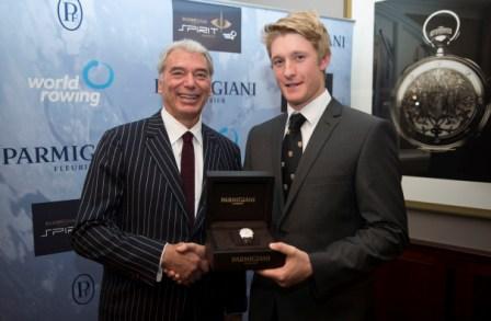 Cook receives his award from the charismatic chief executive of Parmigiani, Jean-Marc Jacot
