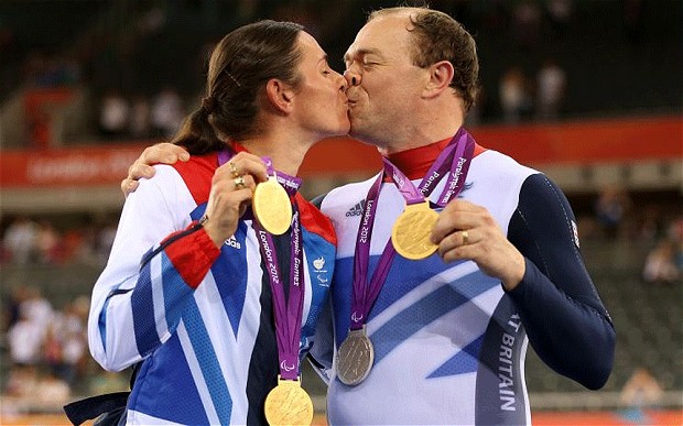 Dame Sarah Storey and her husband, Barney, celebrate their success at London 2012