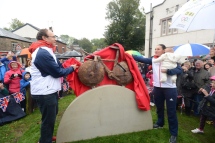 Dame Sarah Storey and Barney Storey unveil a sculpture in their honour in Disley
