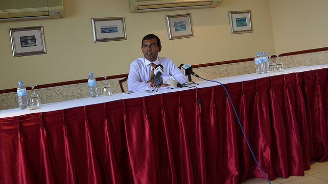 Former President and favoured candidate Nasheed speaks to reporters ahead of the latest cancellation