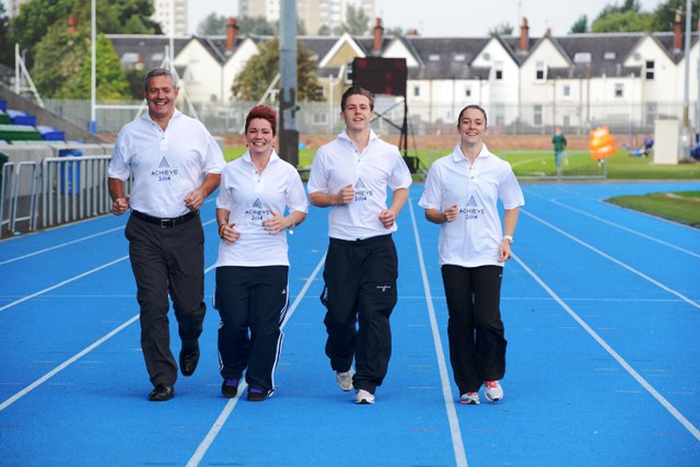 From left to right: Achieve 2014 ambassador Gavin Hastings is joined by Georgina Black Michael Bremner and Jade Nimmo at the Scotstoun Stadium