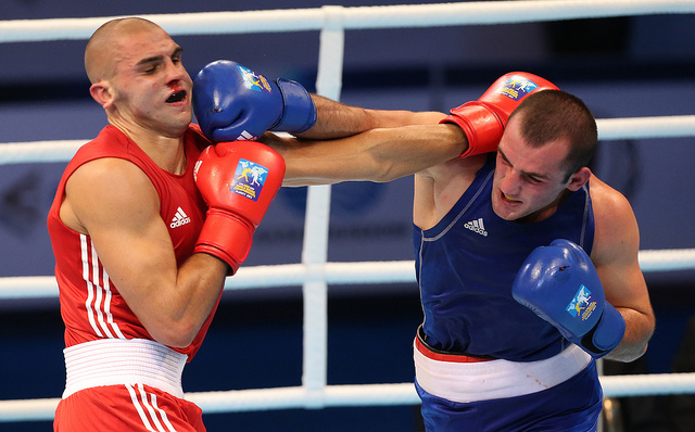Germanys Serge Michel had a tough encounter with Georgias Lago Kiziria in his first round bout at the World Boxing Championships
