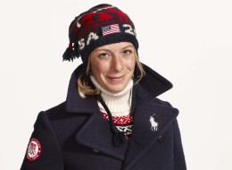 Olympic freestyle skiing moguls champion Hannah Kearney modelling the village wear kit for Team USa for Sochi 2014