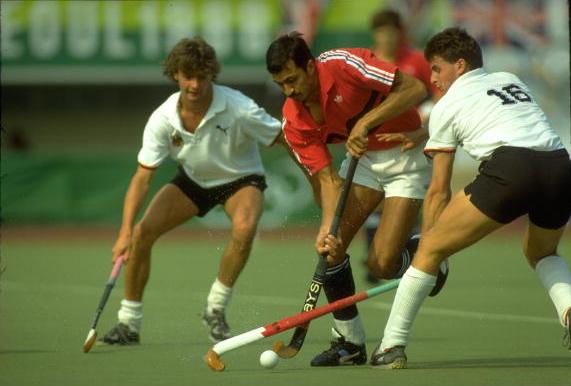 Imran Sherwani (centre) in action for Britain during their 3-1 Olympic final win over West Germany in which he scored twice