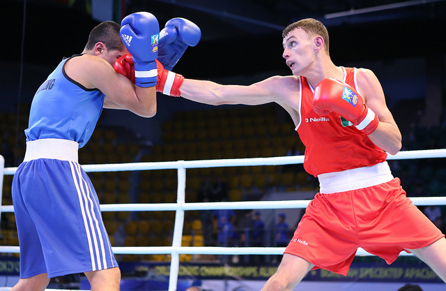 Irelands Sean McComb faces off against Almong Briga in day two of the AIBA World Boxing Championships