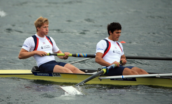 James Cook and Ertan Hazine of GB row in the Mens Pair final during 2013 Samsung World Rowing Cup II at Eton Dorney