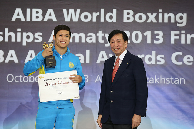 Kazakhstans Daniyar Yeleussiov claims the AIBA Elite Man Boxer of 2013 award