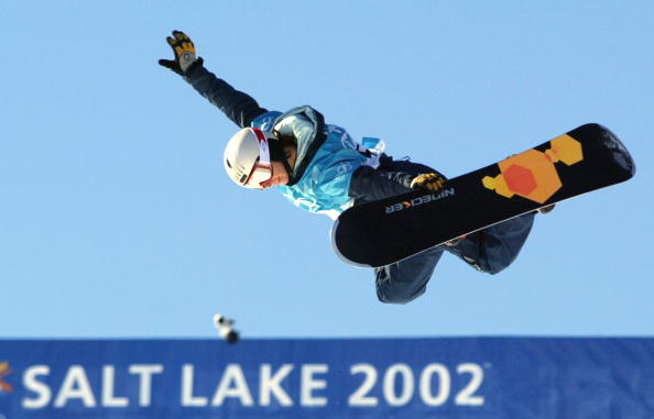 Leslie McKenna competing at her debut Olympics at Salt Lake City in 2002 in the snowboarding halfpipe event