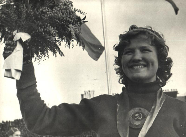 Lidiya Skoblikova who won six gold medals at the 1960 and 1964 Winter Olympic Games carried the Torch in Moscow
