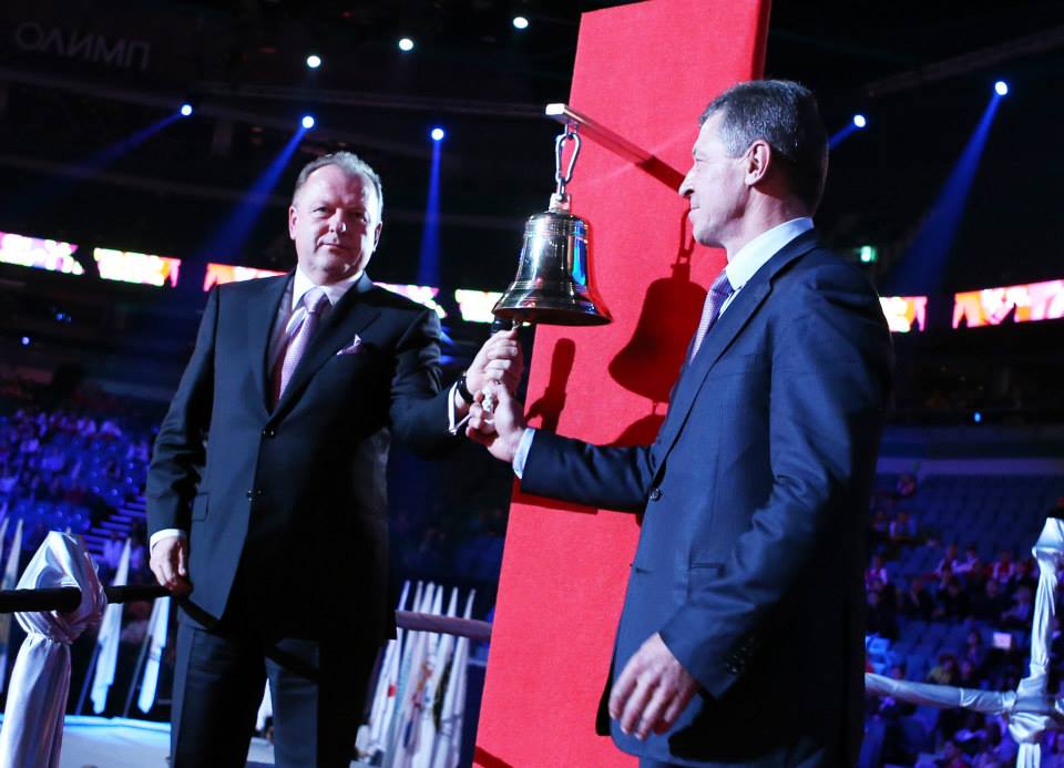 SportAccord President Marius Vizer (left) and Russian Deputy Prime Minister Dmitry Kozak open the World Combat Games by ringing a bell