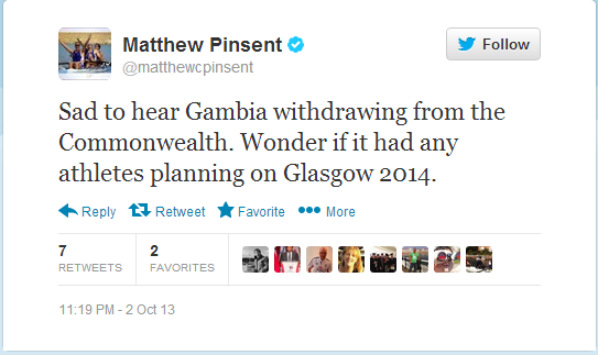 Matthew Pinsent reacting to Gambias withdrawal on social media