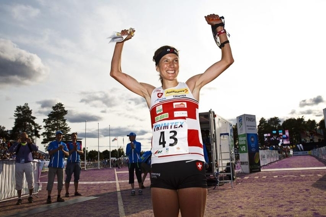 Switzerland's Simone Niggli-Luder celebrates winning the women's race at this year's World Orienteering Championships in Vuokatti, Finland