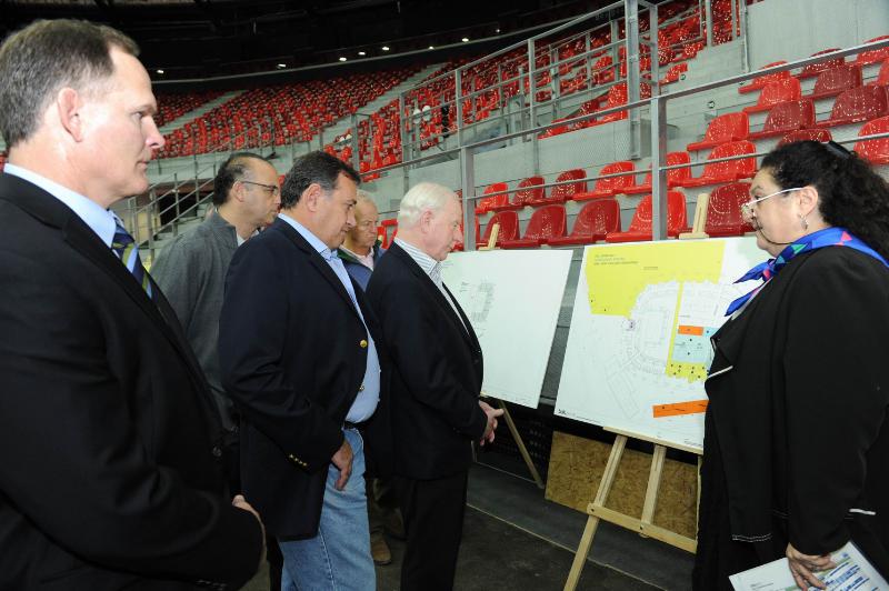 European Olympic Committee President Patrick Hickey is shown details of the plans Baku 2015 have prepared in the Crystal Hall, which is due to host five sports during the first European Games
