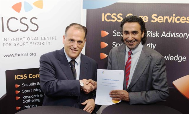 President of the LFP Javier Tebas (left) and Mohammed Hanzab President of the ICSS shake hands on the new partnership at the Leaders in Football Conference in London