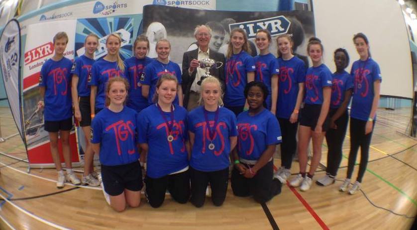 Prize presenter Bamber Gascoigne poses with the winning girls team from Townley Grammar School