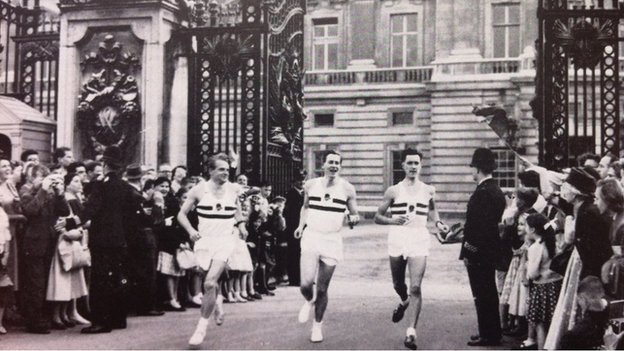Sir Roger Bannister is flanked by Chris Chataway and Peter Driver at the start of the Queen's Baton Relay for the 1958 Commonwealth Games in Cardiff
