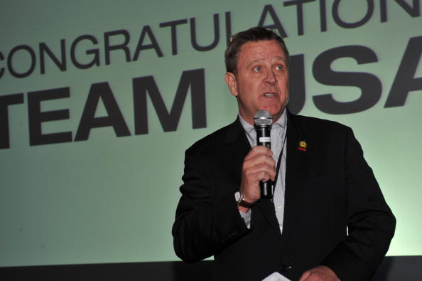 Scott Blackmun pictured speaking at the last Winter Olymics in Vancouver in 2010 has insisted that the USOC rule change is not an attempt to put pressure on the Russians
